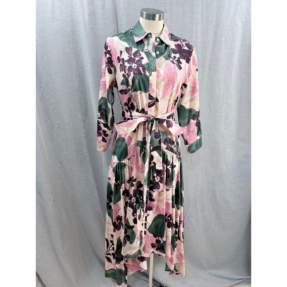 Alexis Dresses & Skirts - Alexis Beatrice Pink Green Floral Cotton Shirtdress Tiered High Low Midi Dress M